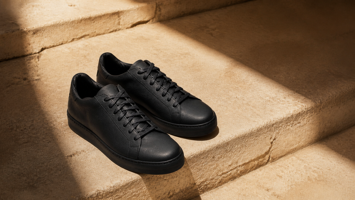 Wisteria Fujiwara OG black sneaker on sunlit stone steps