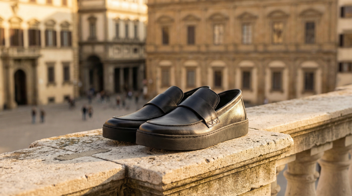 Black loafer at Florence palazzo terrace