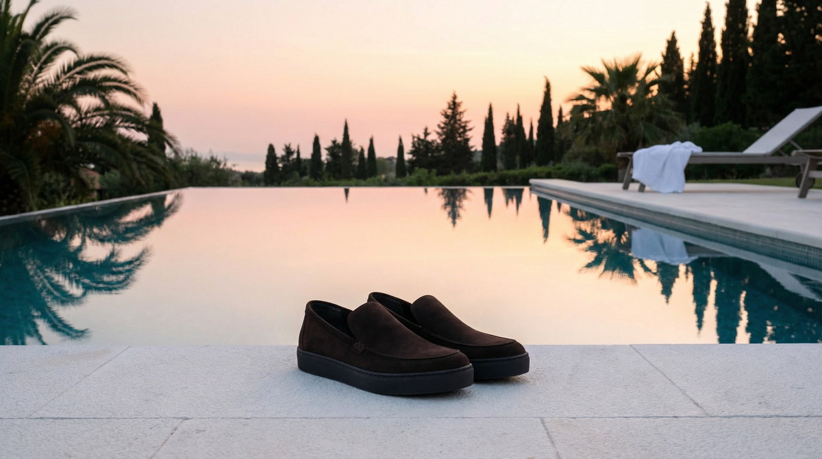 Dark suede slip-on at infinity pool