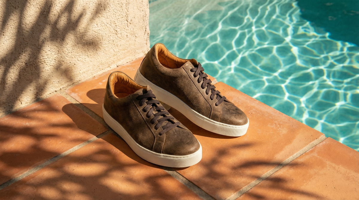 Brown sneaker at terracotta poolside