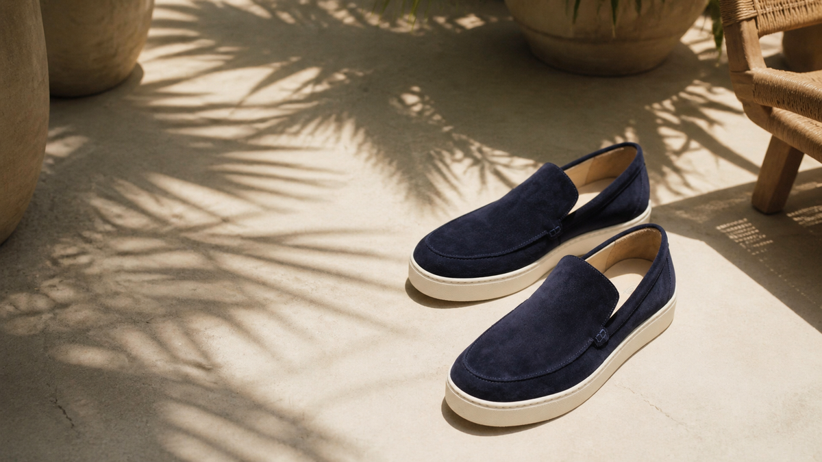 Wisteria Fujiwara LAID BACK navy slip-on under palm shadows
