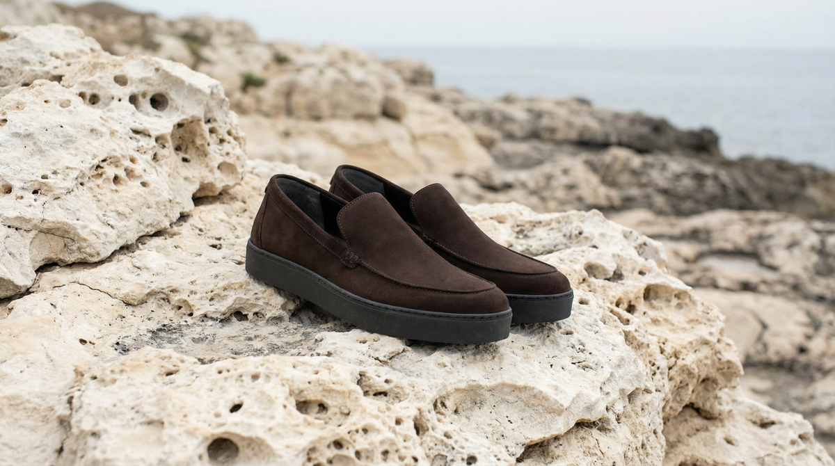 Dark brown suede slip-on on Mediterranean rocks
